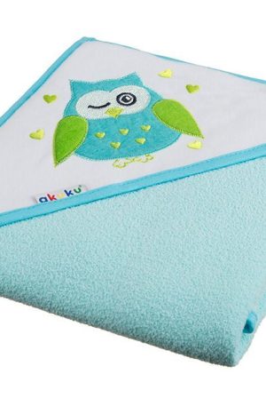 Akuku pamut kapucnis fürdőlepedő türkiz baglyos 100×100 cm