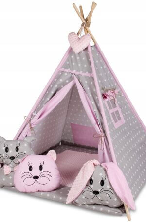 WIGWAM sátor szőnyeggel + 3 párnával + SZÍV alakú dísszel, PINK/SÁRGA/PIROS-SZÜRKE CSILLAGOS