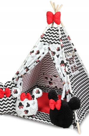 WIGWAM sátor FEKETE CSÍKOS, szőnyeggel + 3 MINNIE párnával + MASNI alakú dísszel, rendelhető színek!!